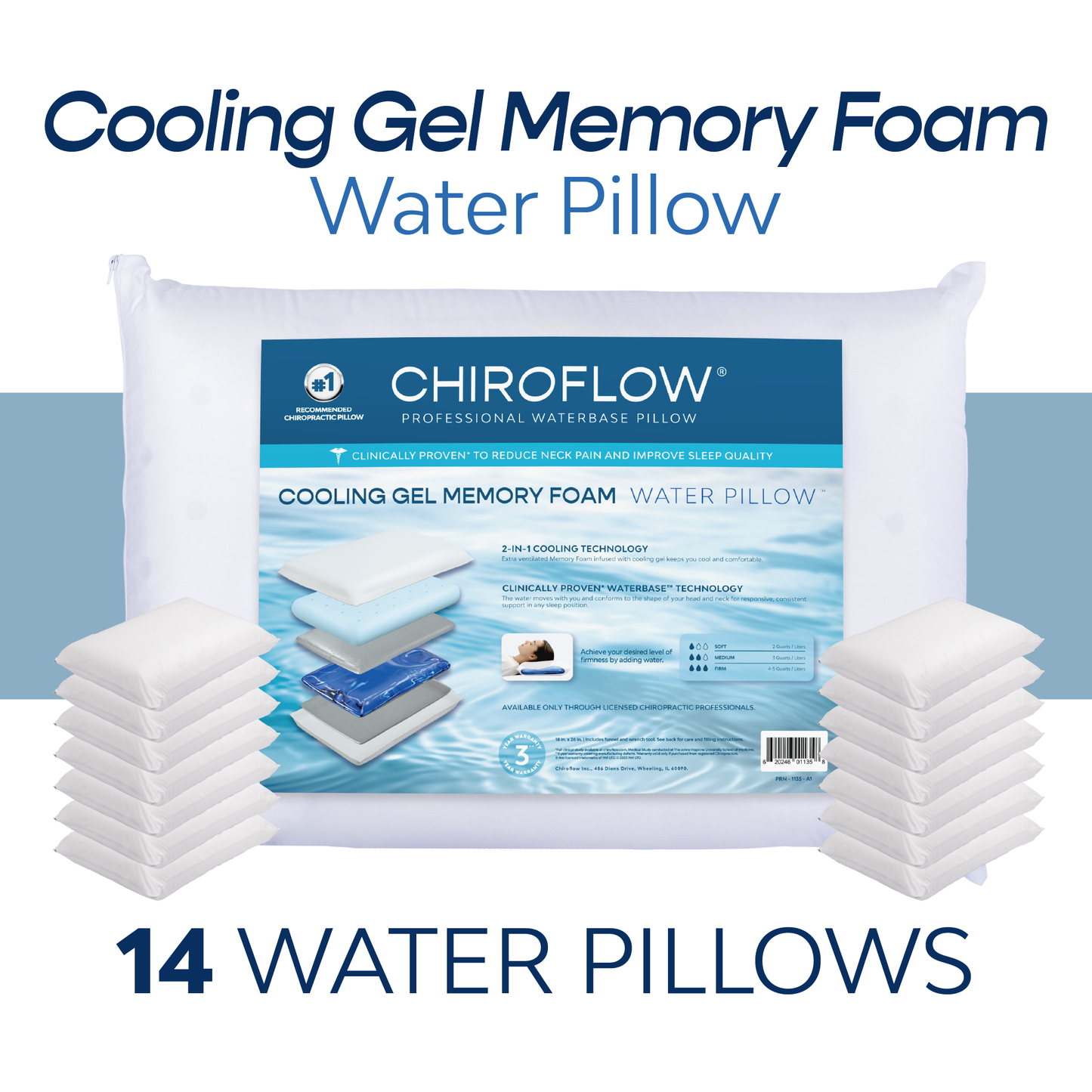 Chiroflow Cooling Gel Memory Foam Water Pillows -  Holiday Multi-Pack Options