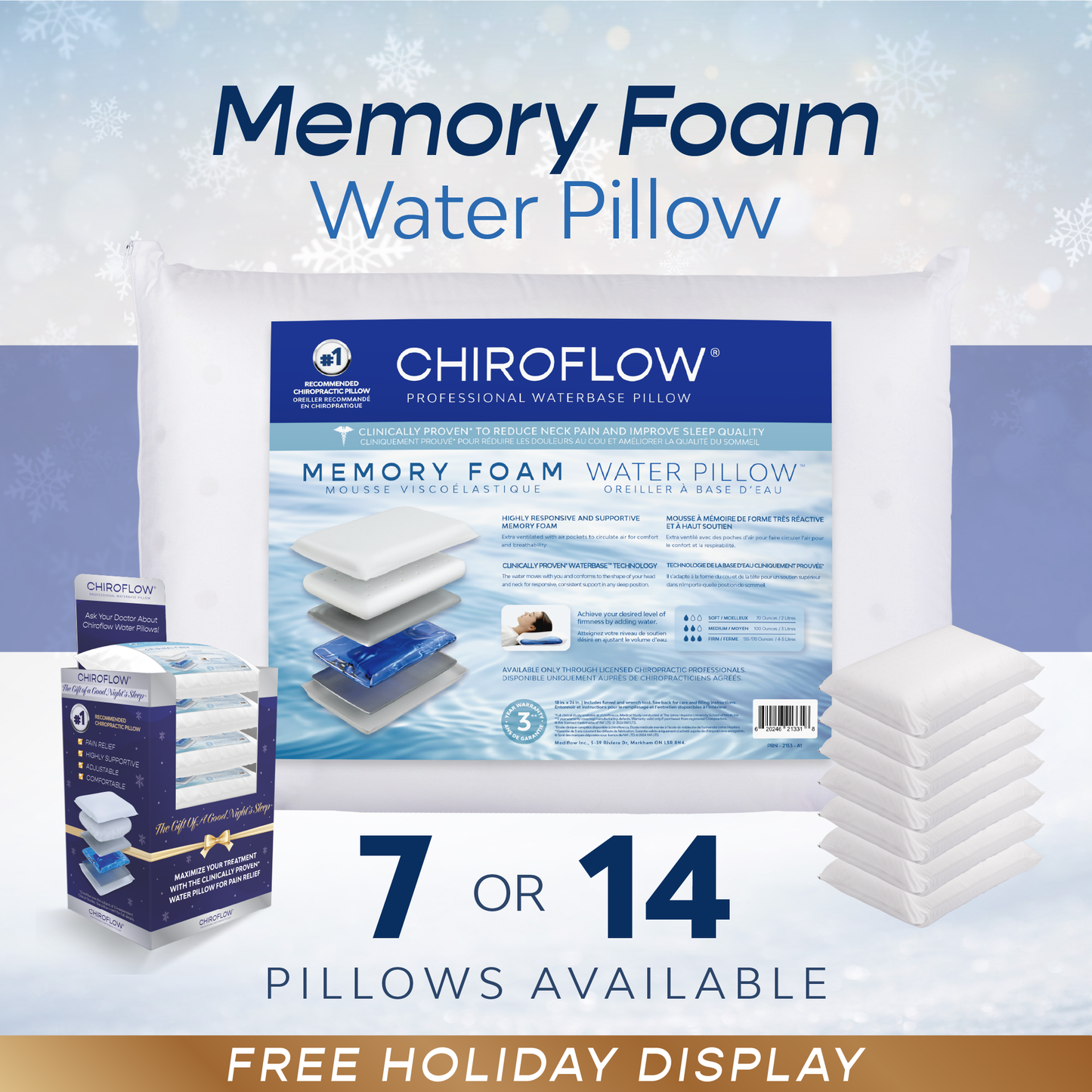 Chiroflow Premium Memory Foam Water Pillows - Holiday Multi-Pack Options