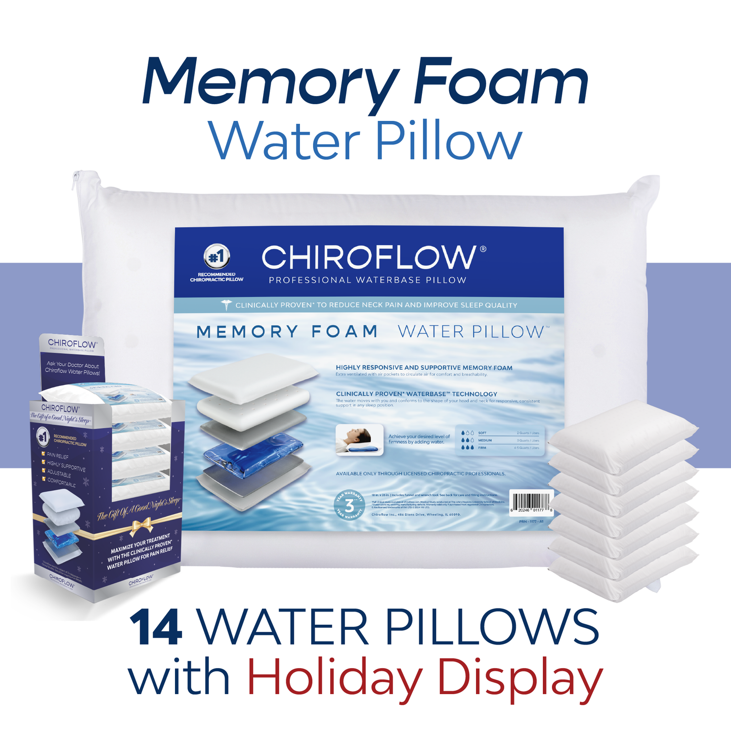 Chiroflow Premium Memory Foam Water Pillows - Holiday Multi-Pack Options